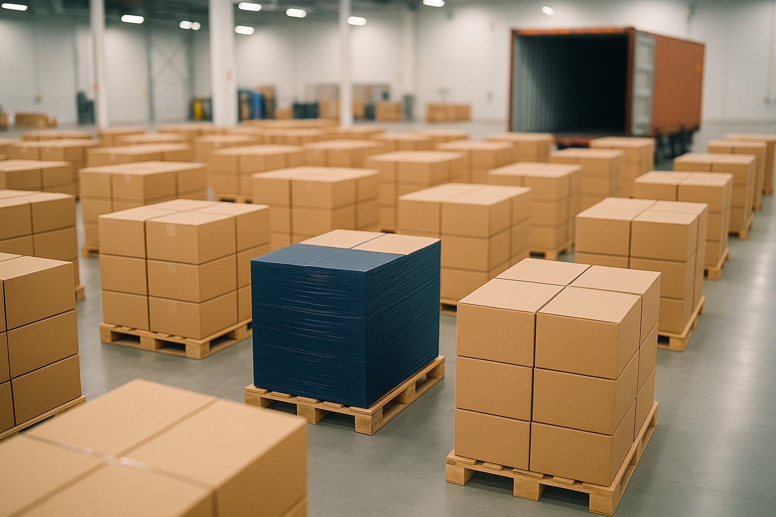 Warehouse pallets of sealed shipping boxes representing the overseas sourcing network