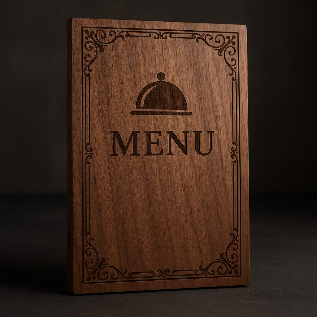 Laser-engraved wooden restaurant menu